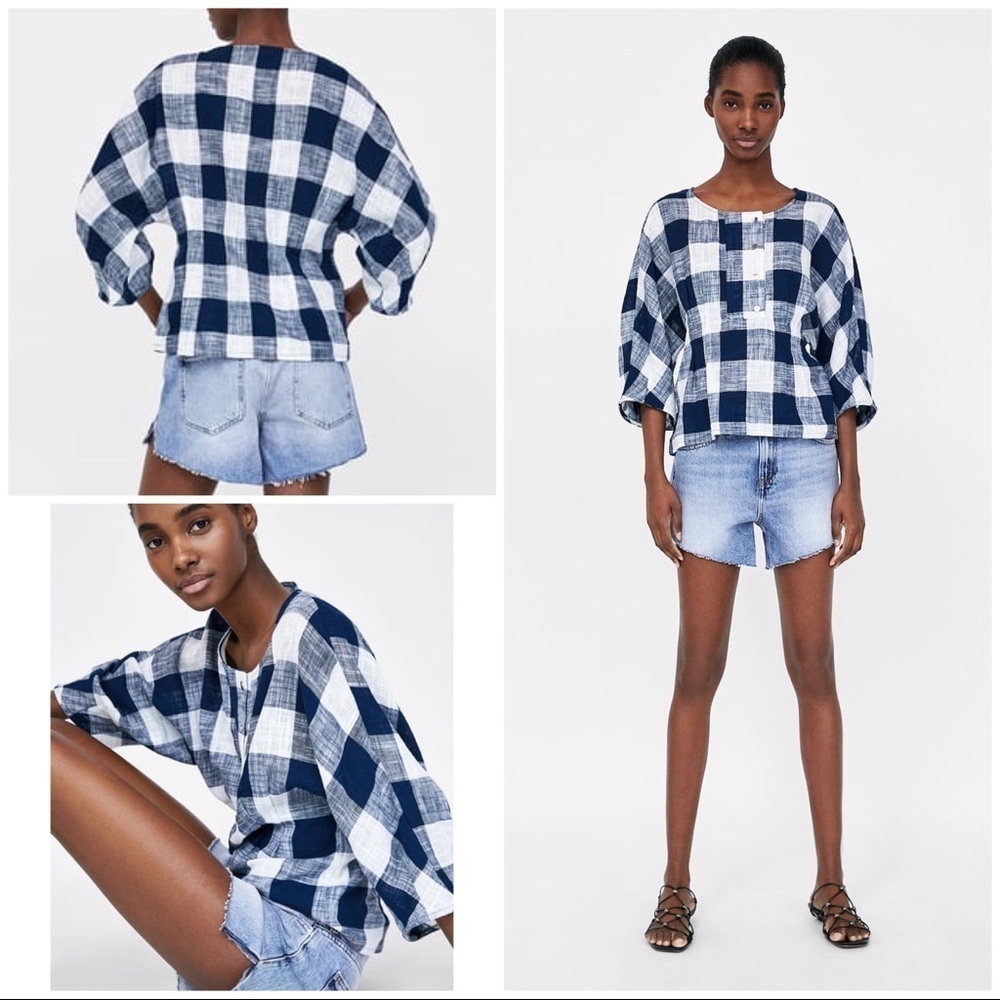 EUC Zara Rustic Blue & White Checker Linen Blouse​​​​​​
